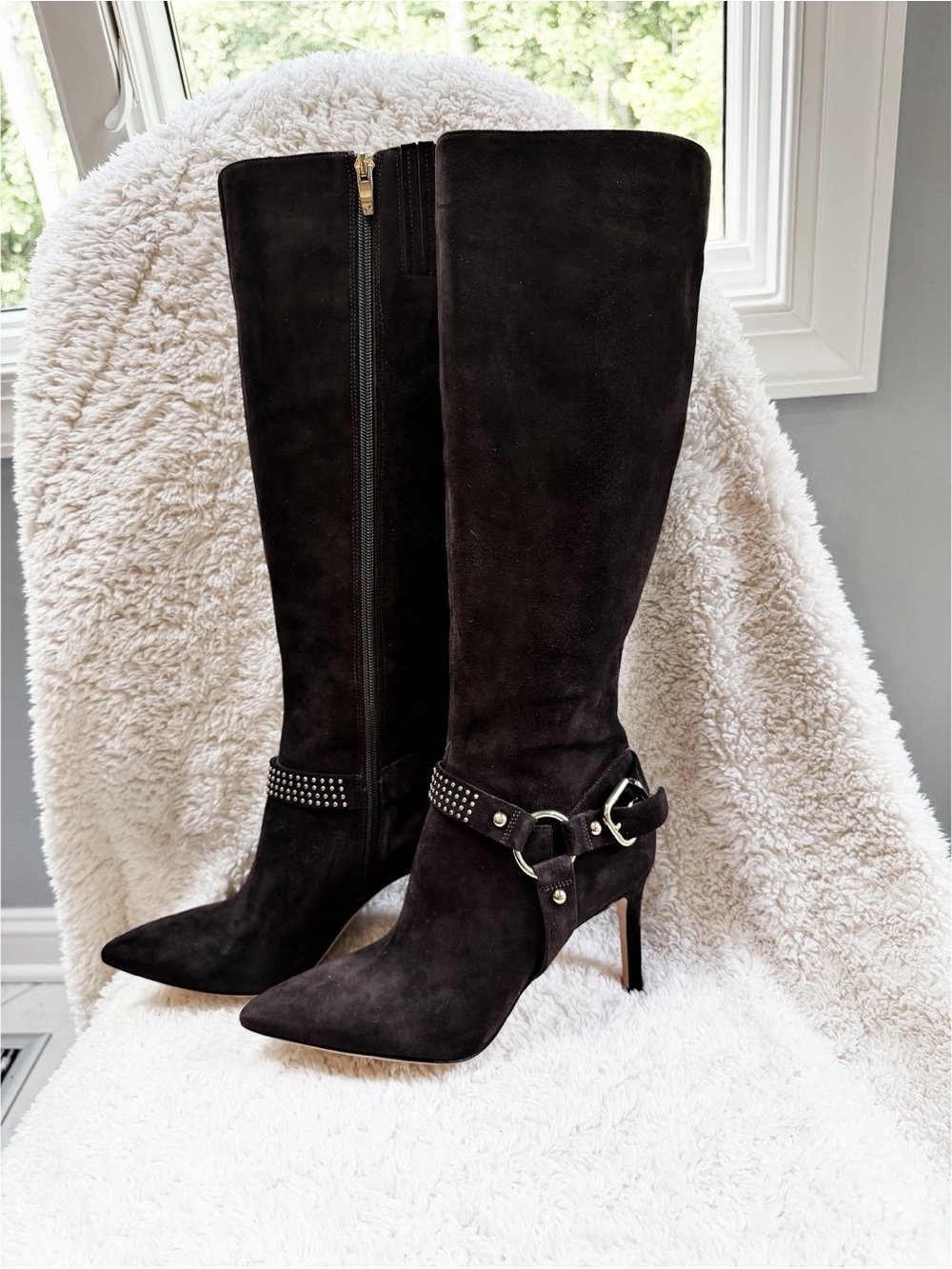 NWOT Chocolate Brown Suede Knee-High Stiletto Boots with Gold Accents